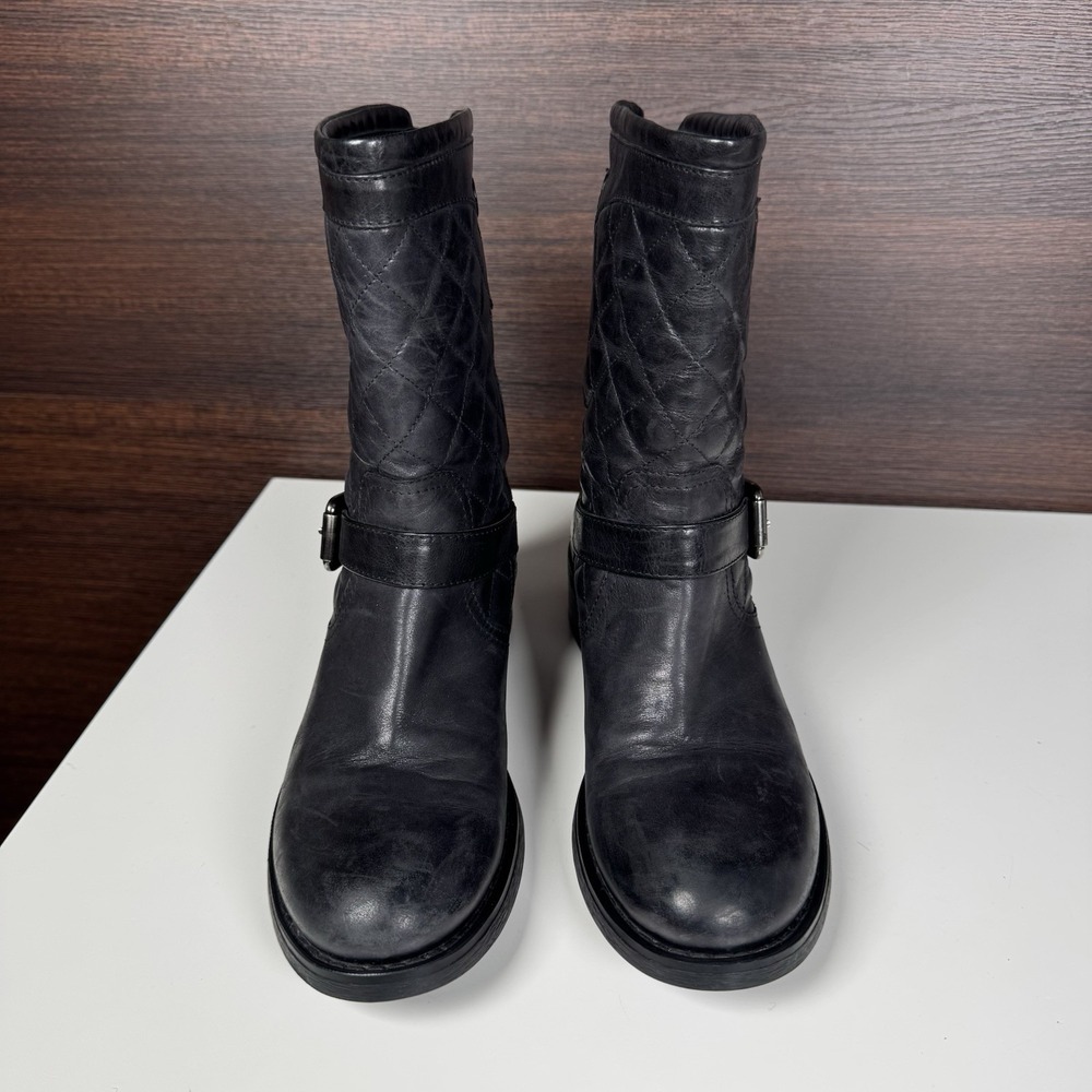 Aquatalia Boots Womens Size 7 Black Leather Quilted Biker Mid Calf Buckle -Italy - Picture 3 of 11